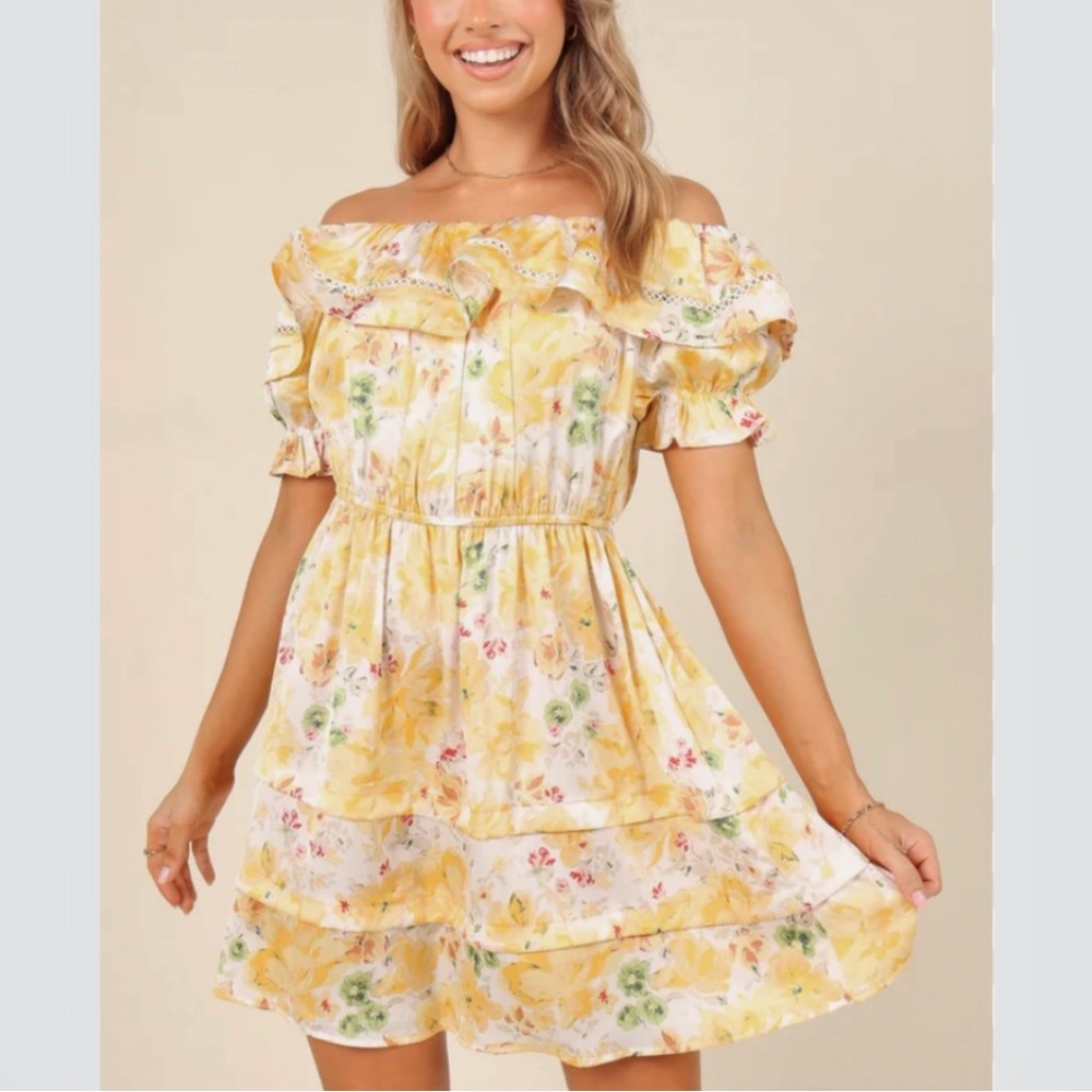 Petal & Pup Yellow Floral Off-Shoulder Mini Dress